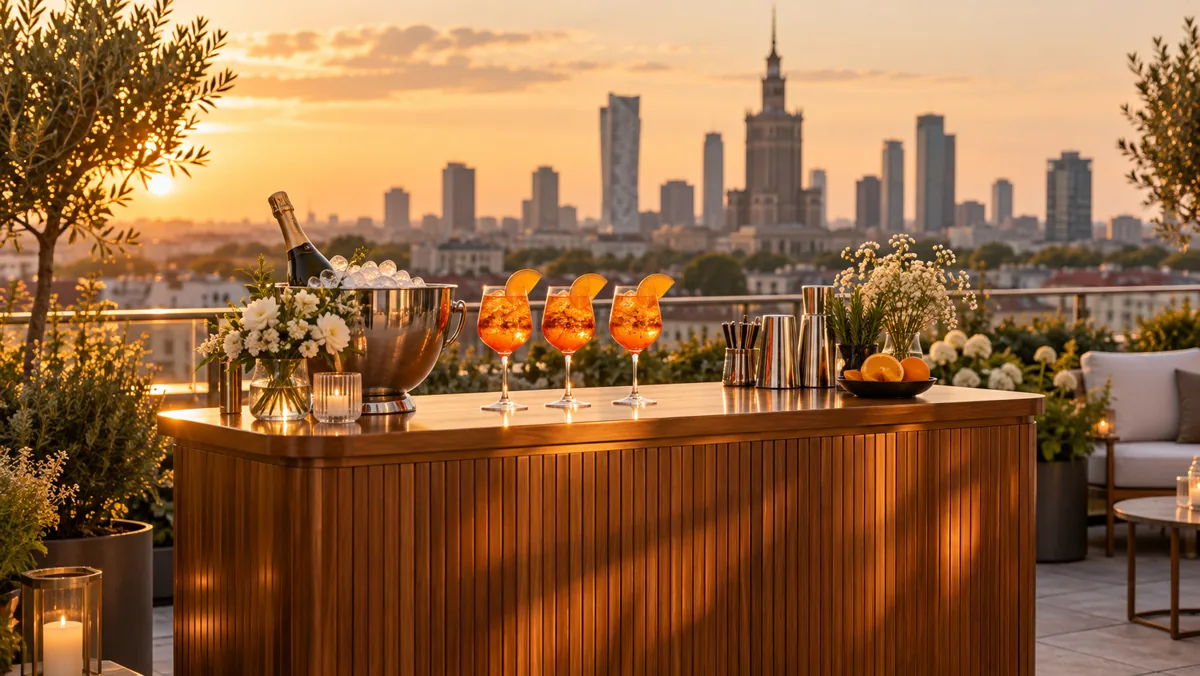 Mobilny bar aperitivo z pomarańczowymi drinkami na tarasie w Warszawie, bez osób