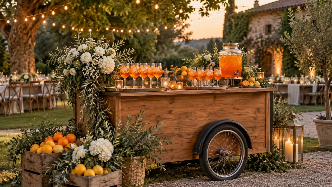 Mobilny bar aperitivo z pomarańczowymi drinkami, kwiatami i lampkami na poprawinach w ogrodzie, bez osób