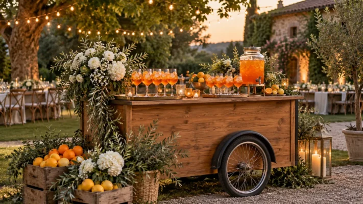 Mobilny bar aperitivo z pomarańczowymi drinkami, kwiatami i lampkami na poprawinach w ogrodzie, bez osób