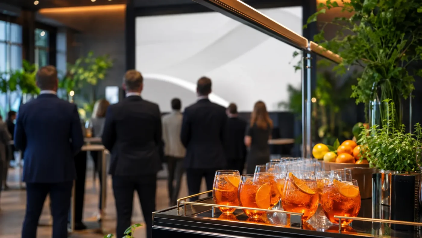 Mobilny bar aperitivo z pomarańczowymi drinkami podczas firmowego networkingu
