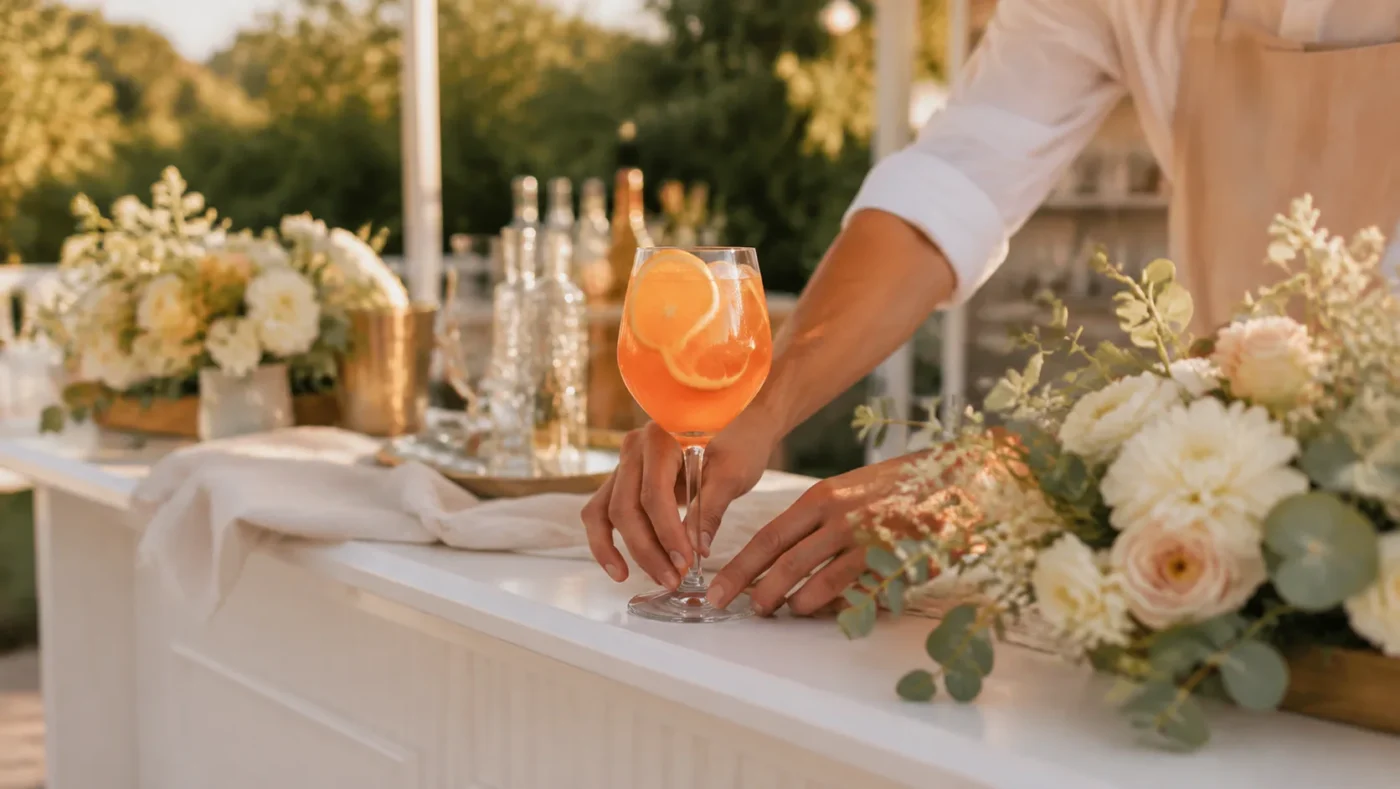 Mobilny bar aperitivo z pomarańczowym drinkiem i kwiatami na weselu plenerowym