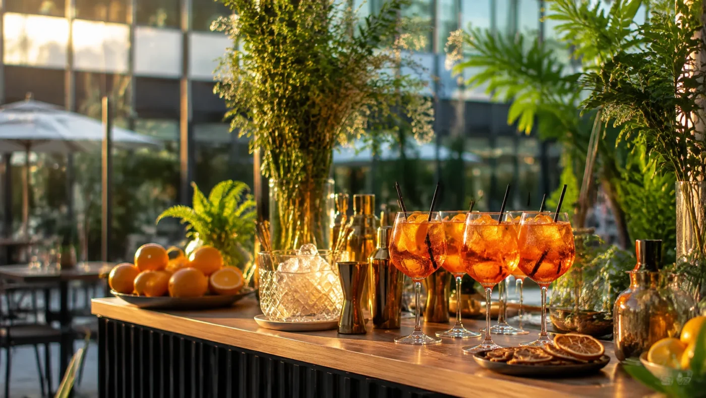 Mobilny bar aperitivo z kieliszkami spritz i cytrusami na gali firmowej w Warszawie