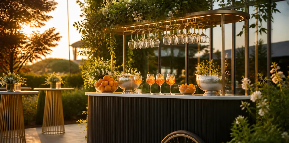 Mobilny bar aperitivo z pomarańczowymi drinkami podczas firmowego garden party pod Warszawą